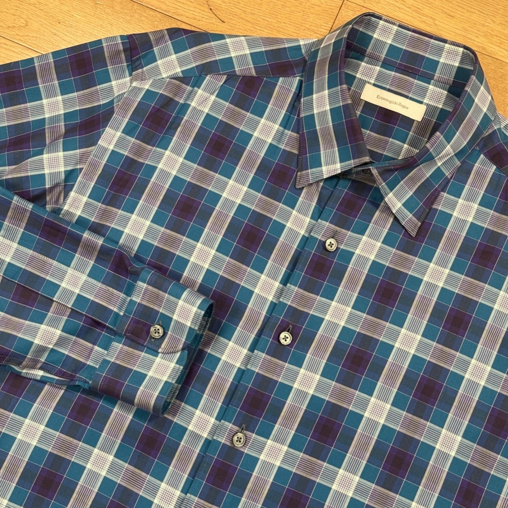Ermenegildo Zegna Mens XL Blue Purple Plaid Cotton Button Up Shirt Made in Italy